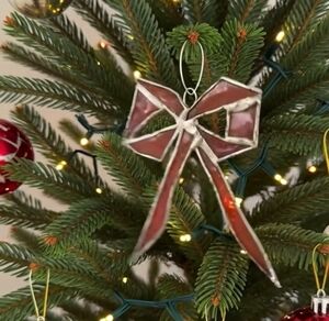 5.5" Antique Handmade Stained Glass Red Bow Ornament Silver Frame Antique Decor